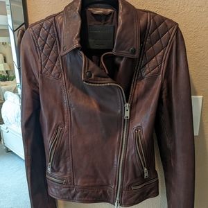 All Saints Women's Moto Leather Jacket, size US 6, Brown/Purple